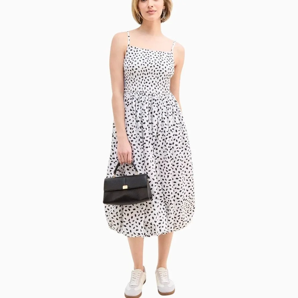 Black White Spotted Smocked Bubble Hem Midi Dress Medium Stretchy Spring Summer